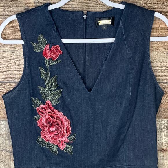 Alexia Admor Dark Blue Denim Sleeveless Dress Pink Floral Applique Size 10 - Picture 2 of 9